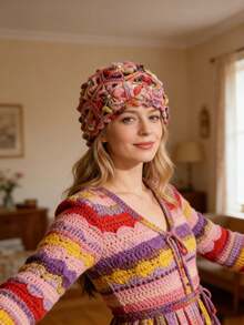 1pc Bohemian Style Handmade Crochet Gradient Hollow Flower Knitted Headband, Breathable Niche Travel Essential For Spring/Summer, Versatile To Match Small Bags - Knitted Hat - View 5