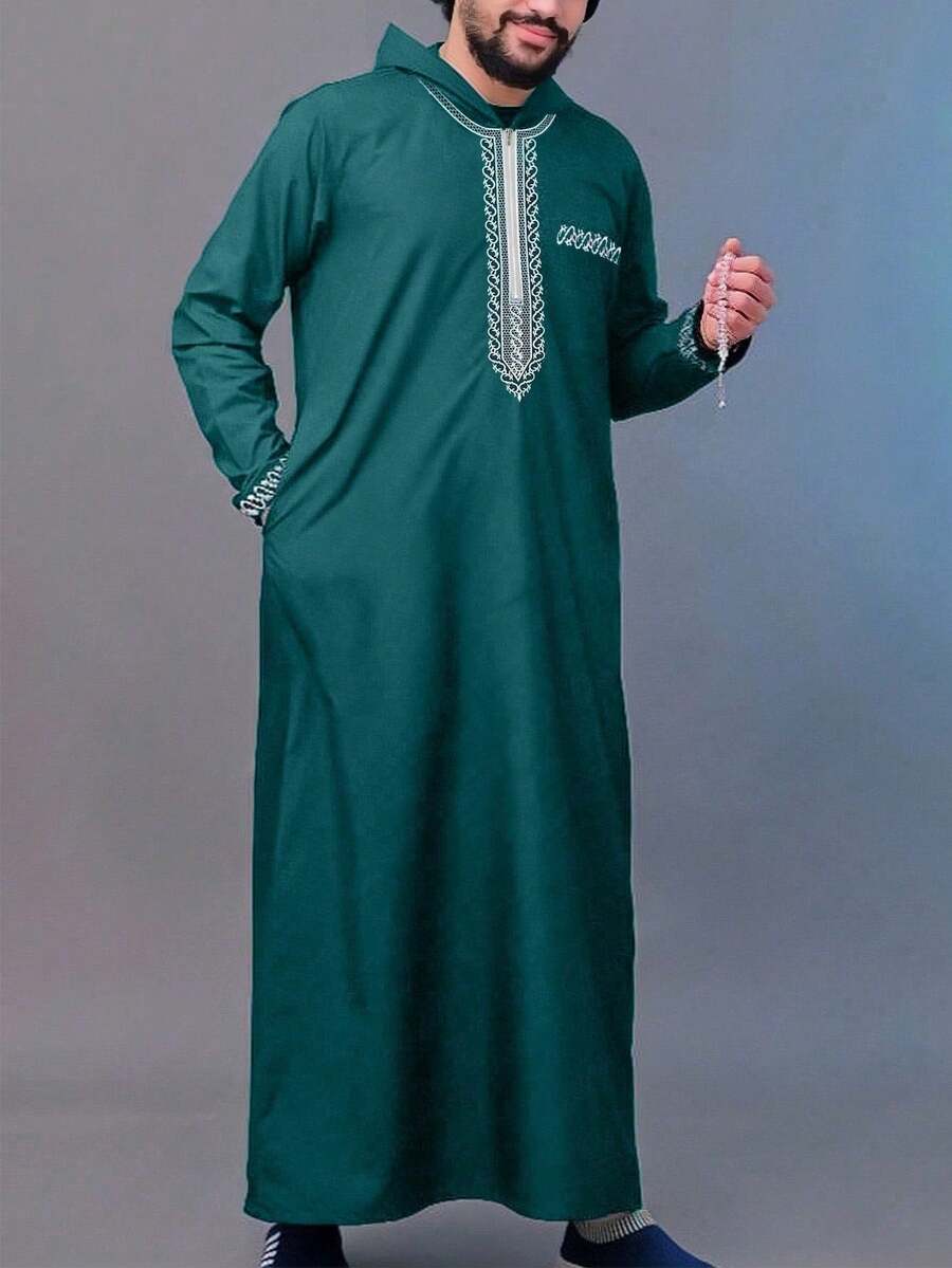 New Men's Loose Hooded Long Robe, Luxury Men's Embroidered Long Sleeve Muslim Wear Robe, Middle Eastern Traditional Men's Jubba Robe