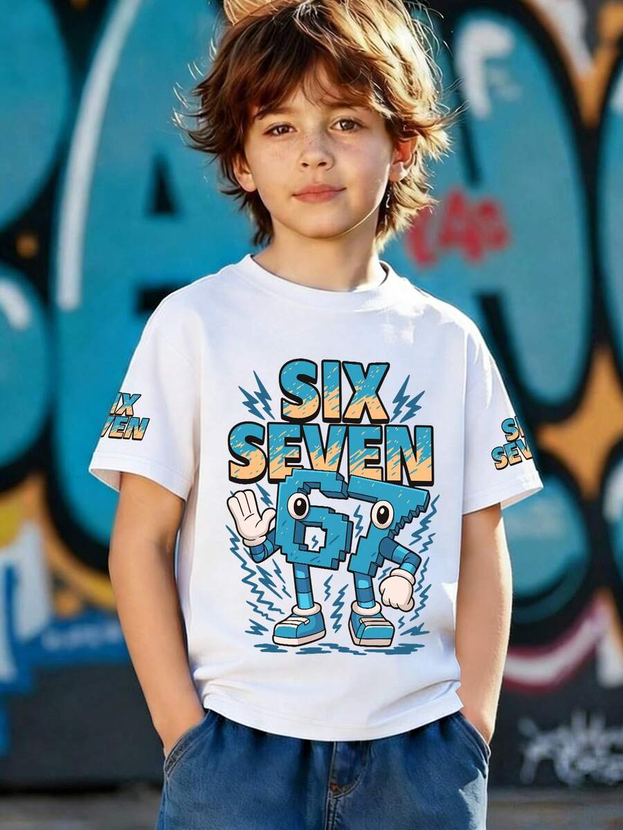1pc Boys' Round Neck T-Shirt, Pixel "67" Cartoon Print, Soft Comfortable Fabric, Suitable For Daily Play, Casual Outings And Spring/Summer Gatherings - White - View 1