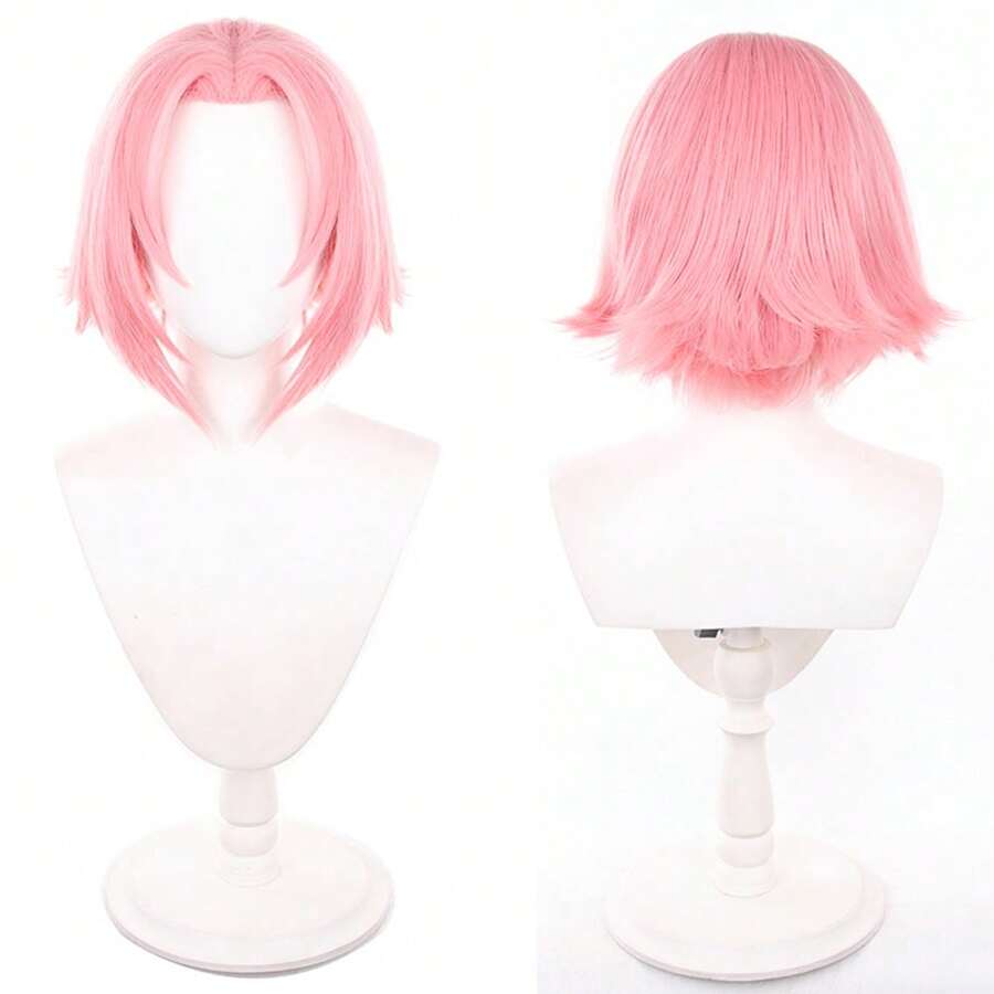 14Inches Short Straight Pink Sakura Wig Cosplay Synthetic Anime Halloween Party Heat Resistant Hair Wig - Pink - View 1