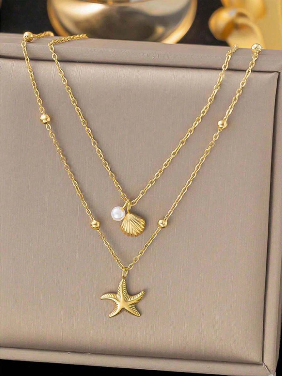 1件18K镀金不锈钢双层贝壳海星吊坠项链，适合女士海滩度假装扮，防水首饰配饰礼品 - 金色 - 查看 1
