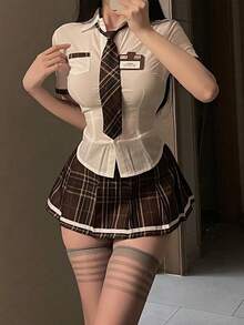 Conjunto de lencería sexy, uniforme sexy de estudiante, disfraz de uniforme inocente de JK - Marrón - Ver 3