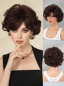 7JHH WIGS 女士短款摩卡棕色复古卷发假发，10英寸，蓬松飘逸，带刘海，采用耐热合成纤维制成，适合派对、日常佩戴和角色扮演。 - 紅木色 - 查看 3