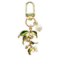 1个女士艺术绿叶珍珠合金钥匙扣，清新植物少女包包挂饰 - 彩色 - 查看 3