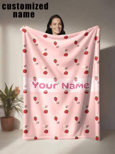 1pc Strawberry Pattern Customizable Blanket, Soft Pink Background With Cute Cartoon Strawberry And Daisy Patterns, Sweet And Fresh Style, Suitable For All Seasons - Machine Washable, Polyester Fabric, Multipurpose Digital Printed Blanket For Sofa, Bed, Car, Tea Room, Bedroom, Bathroom, Living Room, Dining Room, Office, Etc.