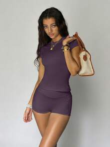 FWH Essential 2 Pieces Set, High-Waisted Tummy Control Shorts + Round Neck Top, Shaping Shorts With Hidden Pockets + Slim Fit T-Shirt Summer - Purple - View 7