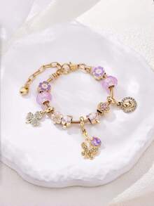 1件时尚百搭女士首饰，新款水钻蝴蝶、郁金香、三叶草、树叶吊坠手链 - 奢华女士首饰，适合日常佩戴和派对场合 - 彩色 - 查看 4