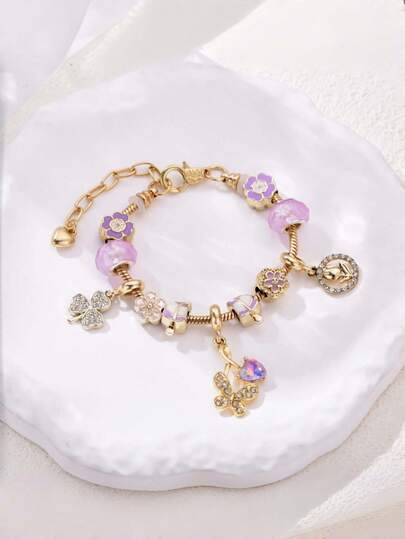 1件时尚百搭女士首饰，新款水钻蝴蝶、郁金香、三叶草、树叶吊坠手链 - 奢华女士首饰，适合日常佩戴和派对场合