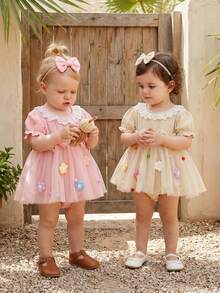 Baby Girl Summer Outfits Decorative Flower Bow Mesh Crew Neck Short Sleeve Romper Dress And Bow Headband 2 Pcs Set - 粉色 - 查看 5