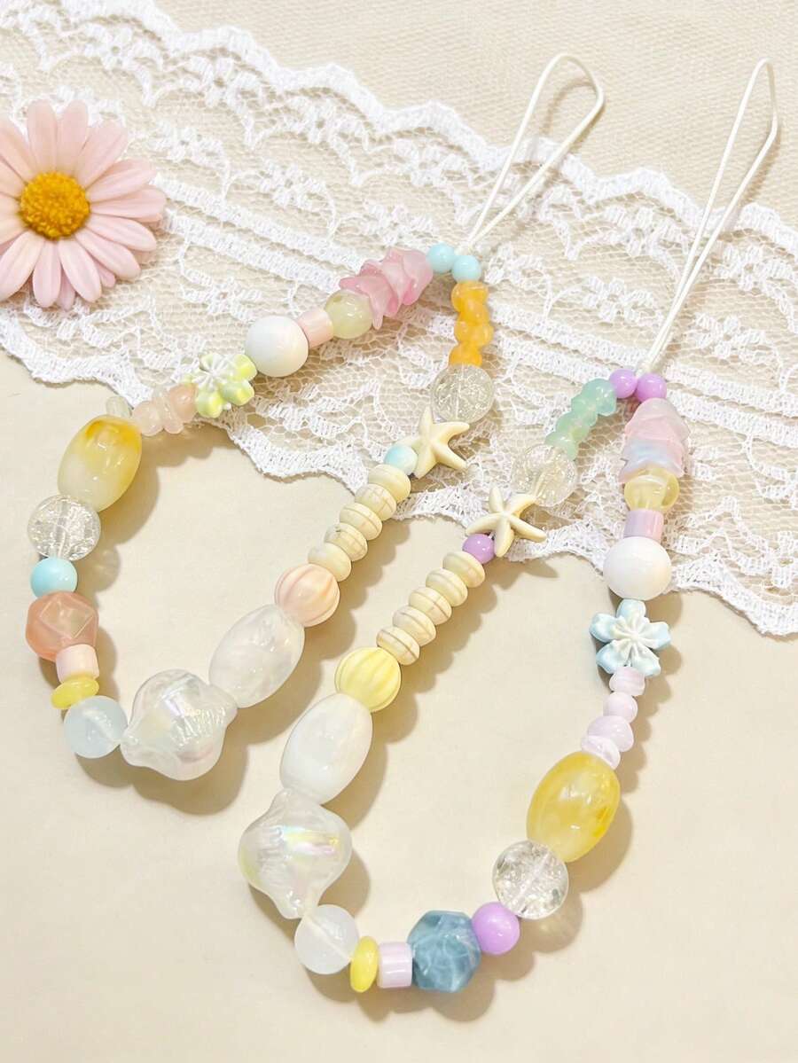1 件春夏花朵海星独特串珠手机挂件,可爱 CCD 相机手工挂件,户外旅行外出手机壳挂件,钥匙扣吊坠 - 彩色 - 查看 1
