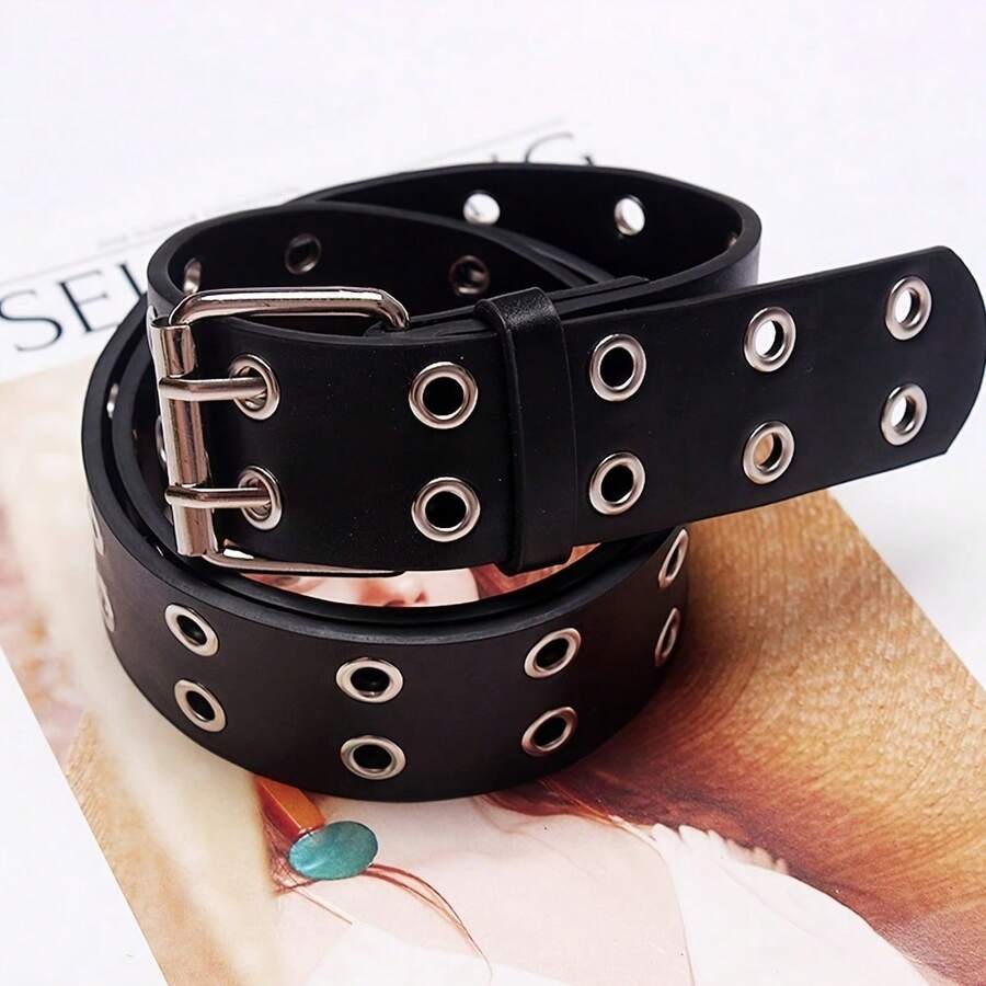 1 Set Punk Style Rivet Belt & Bracelet, Punk Y2K Square Buckle Belt With 3 Rows Of Rivets, PU Leather Strap, Goth Punk Unisex PU Leather Bracelet, Multi-Layer Rock Nail Bracelet - Double Exhaust Holes - View 1