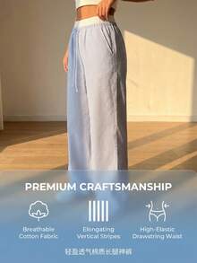 女士浅蓝色亚麻抽绳阔腿裤 | 休闲高腰裤 - 藍色 - 查看 8