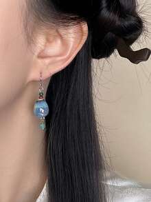 一对复古釉面陶瓷水滴耳环，配以绿松石珠子，简约银色钩扣耳环，波西米亚度假风首饰礼品 - 水滴陶瓷葫蘆 - 查看 3