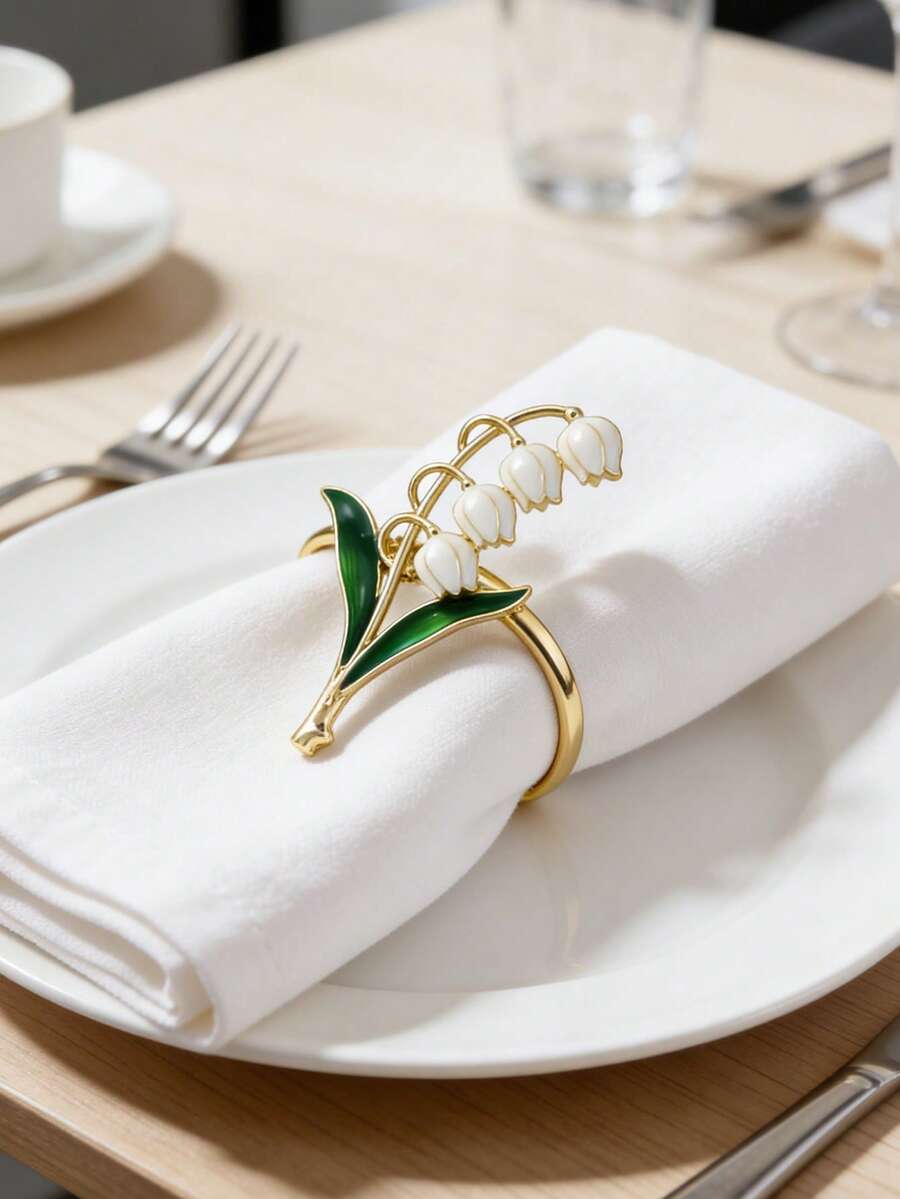 6pcs Delicate Lily Of The Valley Napkin Rings, Suitable For Holiday, Wedding, Party Table Decor, Spring Floral Napkin Holder - Multicolor - View 1