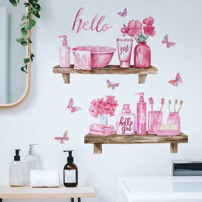 1 miếng dán tường kệ phòng tắm màu hồng, tự dính, có thể tháo rời, chống thấm nước.