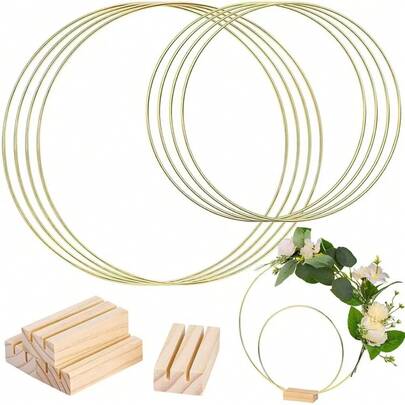 Centropieza de corona de flores de metal con soporte, incluye un anillo de metal grande y un soporte de exhibición redondo, ideal para decoración de boda DIY. Centropieza de corona de flores de metal dorado, adecuado para hacer coronas de mesa de boda y manualidades de decoración de pared.