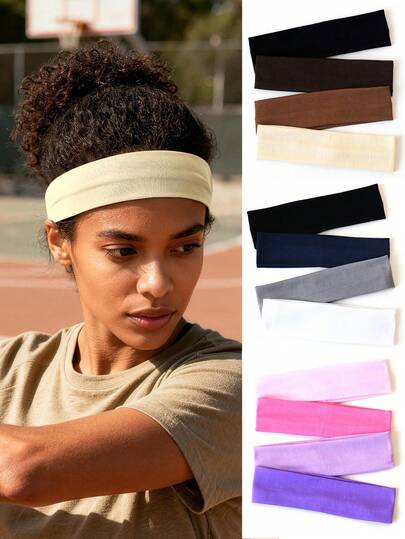 4pcs/6pcs Women's Solid Color Elastic Flat Sports Headbands, Casual Fashion Daily Wear