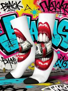 1 Pair Men's 3D Digital Print Socks, European And American Style Sports Socks, 360 Seamless Heat Transfer Mid-Calf Socks - Multicolor - View 1