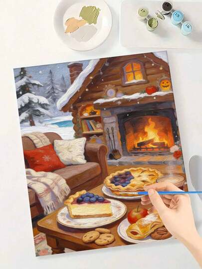 Cozy Winter Cabin Fireplace Dessert Scene DIY Oil Painting By Numbers Canvas Painting Crafts Adult Home Decoration 40x50cm/16x20inch Holiday Gifts