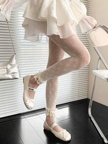 1件装女士白色蕾丝边打底裤，洛丽塔风格薄款蝴蝶提花七分裤，适合春夏穿着 - 彩色 - 查看 7