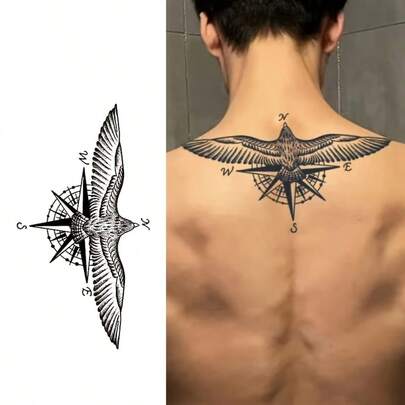 1 Piece Eagle Spreading Wings Temporary Tattoo, Waterproof Long-Lasting 1-2 Weeks, Non-Reflective Hexagram Design, Suitable For Men's Back & Neck