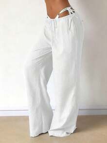 Women's Casual Comfortable Versatile Linen Loose Flowy Wide Leg Pants Spring - 白色 - 查看 3
