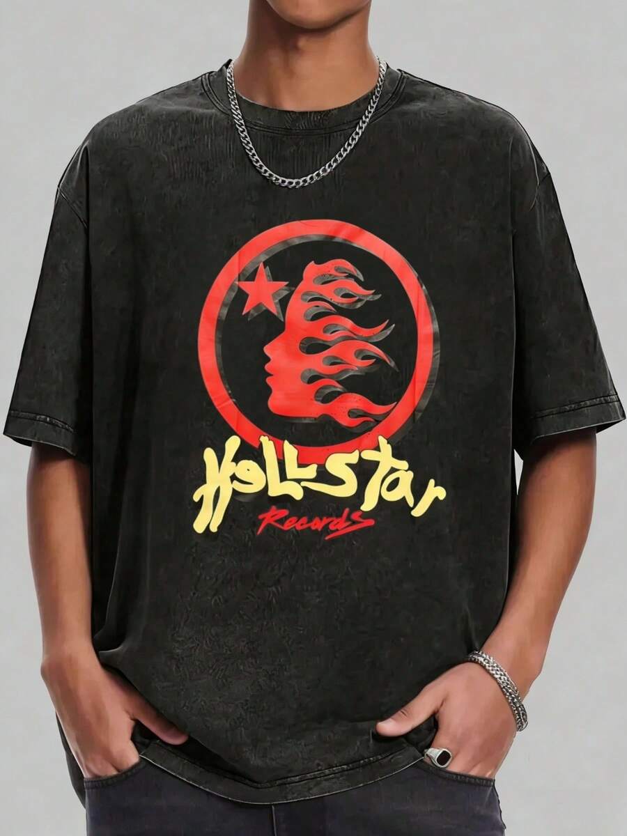 Hellstars Records Red Yellow Logo Retro Washed Print Round Neck Short Sleeve T-Shirt, 230g 100% Cotton T-Shirt, Summer Clothes, Men's Tops, Casual And Comfortable, Fashionable Graphic Tee, Unisex Style - Black - View 1