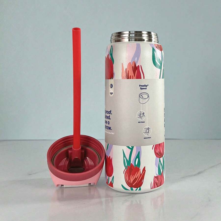 O'WALAFreeSip    24oz 710ml /32oz 950ml Cup Vacuum Flasks & Thermoses Water Bottle Drinkware Thermo Tumbler Stainless Steel Thermal Mug Cold Hot Coffee - Tuip Bouquet-32oz - 查看 1