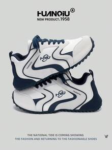 HUANQIU 2026新款男鞋，男士运动鞋，厚底休闲鞋，时尚多功能轻便舒适系带厚底运动鞋，软底休闲鞋，跑步鞋，米色和蓝色四季鞋 - 藍白色 - 查看 2