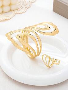 2pcs Fashionable Hollow Geometric Design Metal Minimalist Style Adjustable Bracelet & Ring Jewelry Set For Women - Yellow Gold - View 5