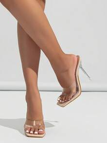 女士夏季透气透明坡跟一脚蹬性感透明细高跟穆勒鞋派对凉鞋，杏色 - 杏色 - 查看 3