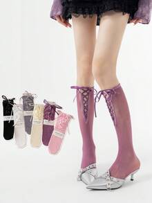 1双女士小腿袜（无硬纸板），薄款芭蕾舞风格交叉蝴蝶结小腿袜，适合春夏穿着，可与裙子百搭。 - 彩色 - 查看 1