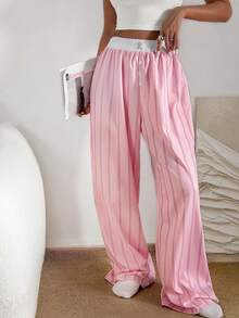 Nina Bonheur 1pc Women Striped Elastic Waist Wide Leg Lounge Pants - Pink - View 3