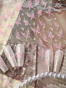 1 miếng dán móng tay hình bướm màu hồng Gentle Style, hình bướm cổ tích mộng mơ và họa tiết ngôi sao tự dính. - Nhiều màu - Xem 3