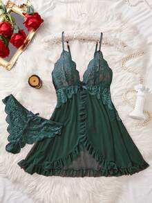 2pcs Women Sexy Pajamas Sheer Tulle Nightdress Cut-Out Chemise Bow Lingerie Ruffle Nightgowns Split Nightwear Lace Splicing Loungewear Dress Home Wear - Green - View 6