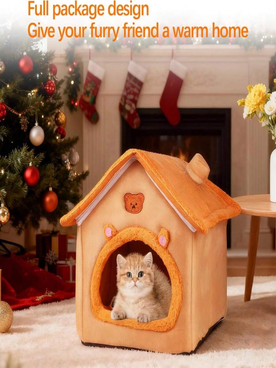 1 pieza Cama de casa para mascotas para perros y gatos, nido para mascotas con fondo antideslizante, cálido en invierno y universal para las cuatro estaciones. Cubierta desmontable y lavable, elaborada con tela suave de alta calidad y forro acolchado para clima frío, transpirable y durable. El fondo antideslizante asegura una colocación estable, la espaciosa y acogedora cueva proporciona un espacio de descanso para mascotas pequeñas. Fácil de limpiar, mueble para mascotas elegante y práctico, ideal para uso en interiores, regalo perfecto para amantes de las mascotas.