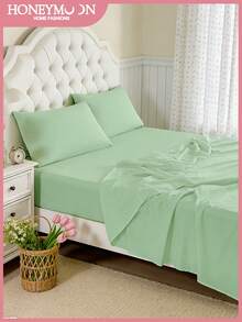 3/4pcs Deep Fitted Sheet Set, Flat Sheet*1 + Fitted Sheet*1 + Pillowcase*1/2, Polyester Fabric, Luxury Hotel Quality, Anti-Shrink, Machine Washable, Suitable For All Seasons, Oeko-Tex Certified, Light Green - Pastel Green - View 2