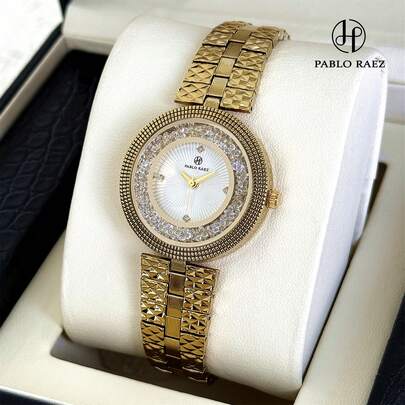Pablo Raez 1 szt. 18-karatowy złoty zegarek damski luksusowy zegarek na rękę ze stali nierdzewnej elegancki nowy designerski zegarek kwarcowy oryginalny urocze toczące się cyrkonie srebrny złoty kolor nie matowiejący zegary modna biała tarcza z wyświetlaczem diamentowym wysokiej jakości AAA dziewczęcy popularny zegarek na rękę 50M wodoodporny ciężki metalowy stalowy łańcuszek biżuteria