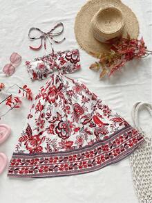 Vestido Curto Feminino Estampado Floral ,Modelo Cami com Recorte e Anel, Ideal para Praia e Verão - Vermelho - Visão 5