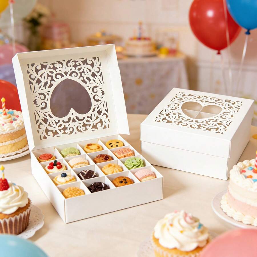 Caixa de Doces com 16 Cavidades em Formato de Coração, Caixa de Assar com Padrão Floral Branco Adequada para Cozinha. Bolos Artesanais e Frutas Secas, Caixa de Presente de Chocolate. Cozinha do Dia das Mães. Caixa de Lembranças de Casamento. Caixa de Presente para Festa de Aniversário e Festa com Tema. - Visão 1