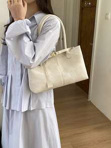 1个白色肩带装饰大容量PU拼接手提包，女士单肩包 - 白色 - 查看 3
