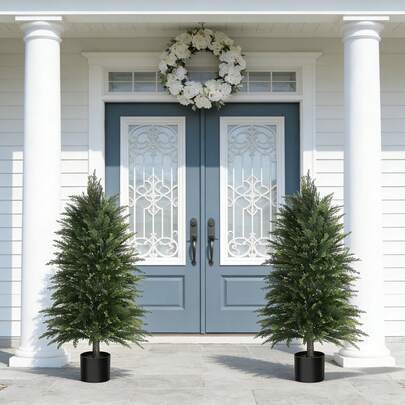 2026 New Artificial Cedar Tree 2/3/4/5/6ft Realistic Faux Evergreen Topiary Shruubs Outdoor Indoor UV Resistant Fake Lifelike Potted Plant For Xmas Home Front Door Patio Entryway 2 Packs Without Accessories Christmas Decorations Home Christmas Gifts Christmas Decor