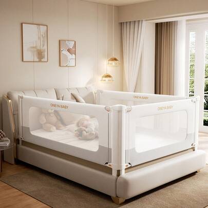 ONEYA BABY Bed Rail For Toddlers, Thickened & Reinforced Baby Bed Rail Guard For Twin Bed With Double Child Lock, Upgraded Toddler Bedrails With Height Adjustable, White/Grey