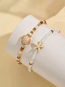 2件套 时尚百搭波西米亚复古沙滩海星海龟脚链套装，适合女性日常、约会、派对和宴会佩戴 - 彩色 - 查看 3