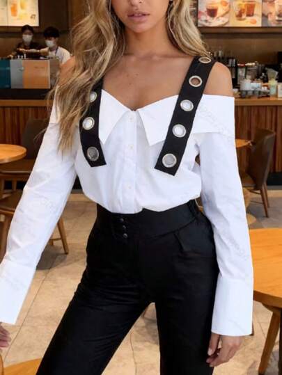 Women's Spring New Fashion Off-Shoulder Eyelet Design Long Sleeve Blouse White