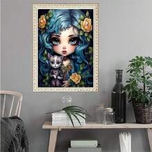 1 pièce Peinture de diamant DIY 2D Fille aux cheveux bleus avec chat, personnage de dessin animé animal floral avec forage complet, parfait pour les cadeaux de vacances - Voir 3