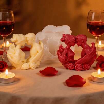 1个浪漫情侣硅胶模具 - 心形蜡烛/肥皂/树脂模具，适用于情人节、周年纪念日、婚礼礼物、DIY手工制作、聚合物粘土、石膏、环氧树脂艺术