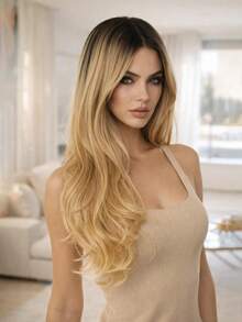 Tóc giả xoăn vàng ombre 22 inch có mái, tóc giả tổng hợp xoăn vàng ombre, kiểu dáng tự nhiên, phù hợp để đội hàng ngày cho phụ nữ. - Tóc vàng ombre - Xem 1