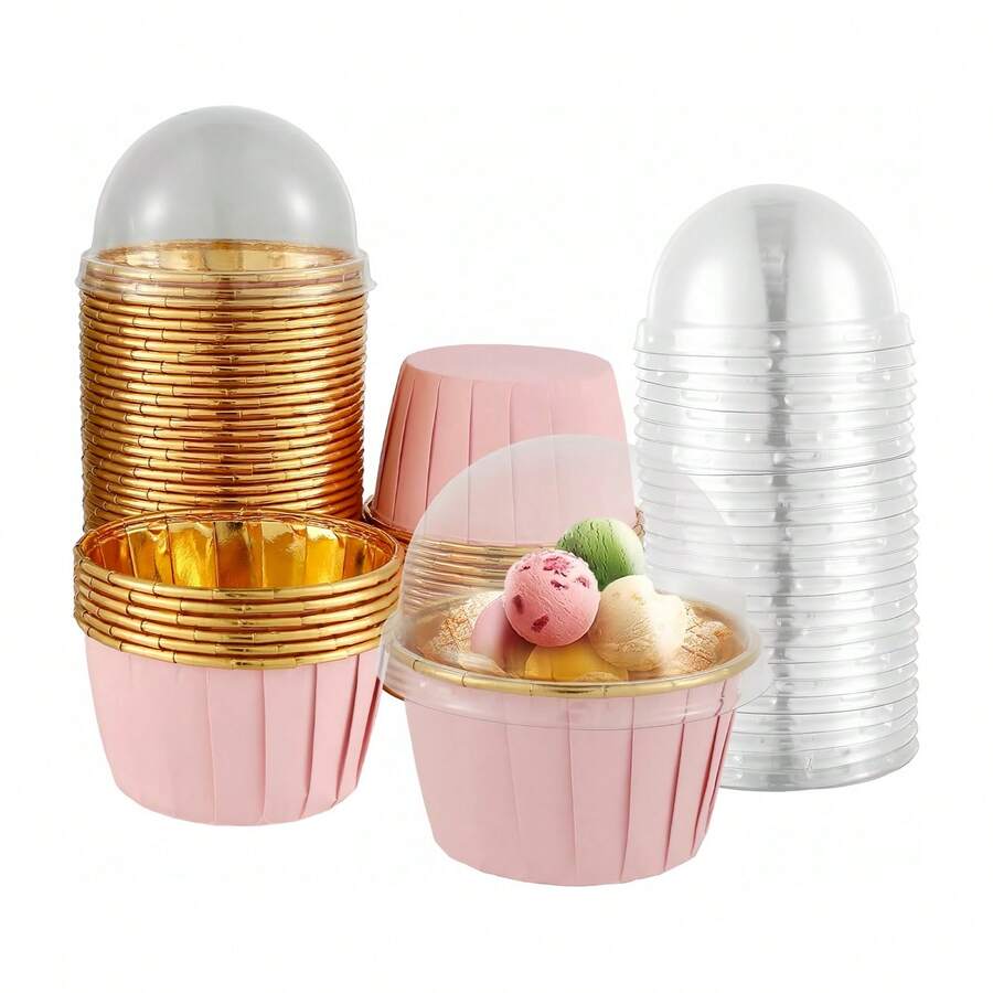 10/50/100个/套 粉色和金色蛋糕/甜点杯（可选带盖），耐热光滑纸质蛋糕衬垫，松饼杯，烘焙工具，纸杯蛋糕包装纸，蛋糕托盘，适用于婚礼、复活节、母亲节、毕业典礼、生日派对等场合。