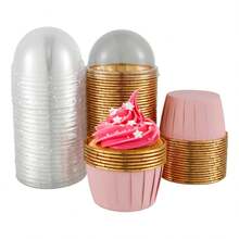 10/50/100个/套 粉色和金色蛋糕/甜点杯（可选带盖），耐热光滑纸质蛋糕衬垫，松饼杯，烘焙工具，纸杯蛋糕包装纸，蛋糕托盘，适用于婚礼、复活节、母亲节、毕业典礼、生日派对等场合。 - 查看 8